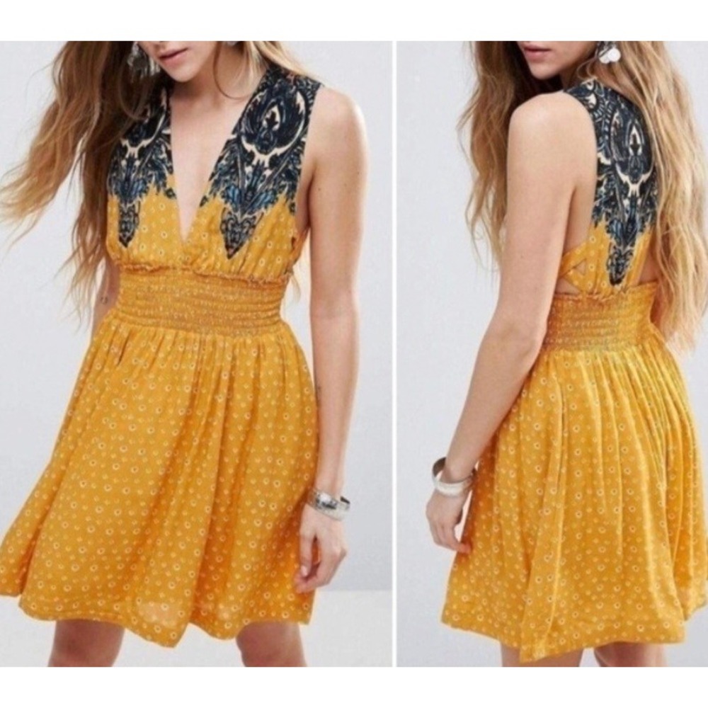 Free People Boho Hippie Yellow Floral Paisley Smocked Waist Mini Dress SZ‎ L